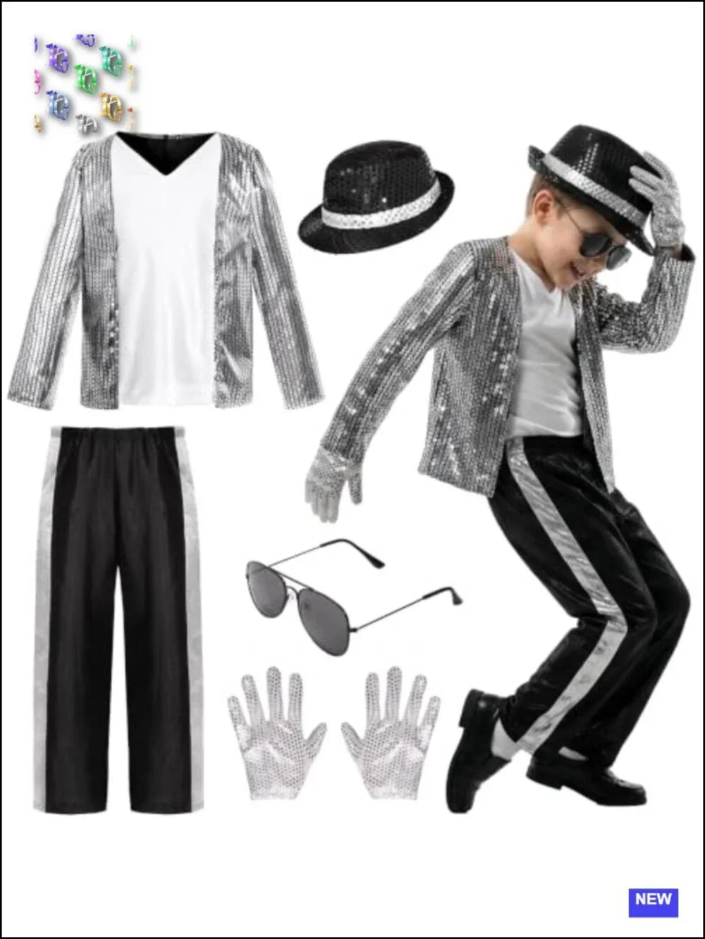 Boys 80s 90s Dance Costume Sequin Shirt Pants Hat Gloves Sunglasses Set